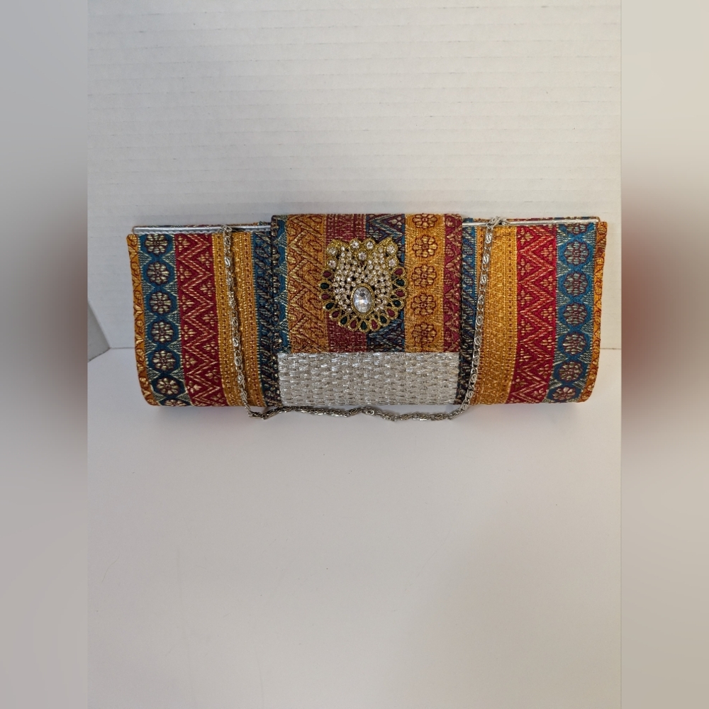 Bohemian Rust, Orange,Golden, Turquoise Rhinestone Clutch With Handle Chain